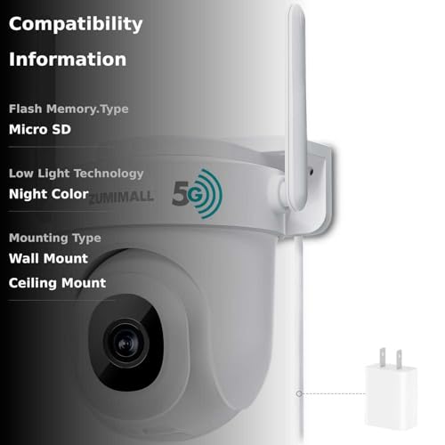 ZUMIMALL 5MP 5G Security Camera Outdoor, 24/7 Recording Security Camera, WiFi Cameras for Home Security Outdoor, Plug-in Power, 360° Auto Tracking, Noise Detect, SD Card&Cloud, Works with Alexa, IP66