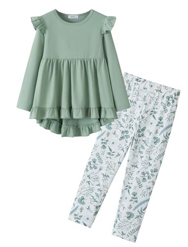 Image of Yekaty Girls Clothes Ruffle Shoulder High Low Hem Long Sleeve Top and Floral Pants 2 Piece Fall Outfits Clothing Set