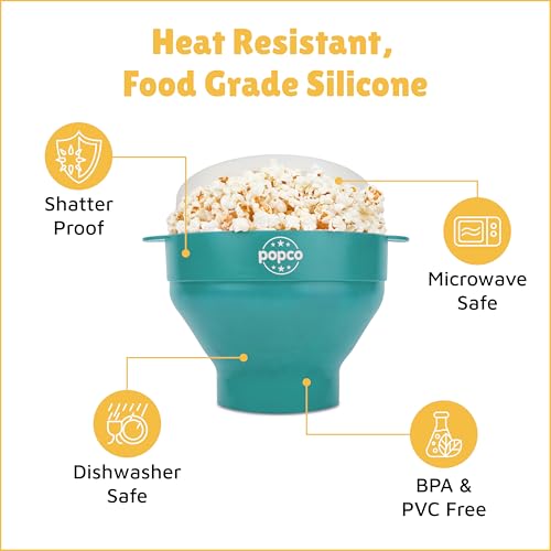 The Original Popco Silicone Microwave Popcorn Popper with Handles, Silicone Popcorn Maker, Collapsible Bowl Bpa Free and Dishwasher Safe - 10 Colors Available (Aqua)