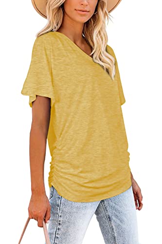 Image of WIHOLL Womens Summer T-Shirts Short Sleeve V Neck Dolman Tops with Side Shirring Loose Fit Shirts Spring Fashion