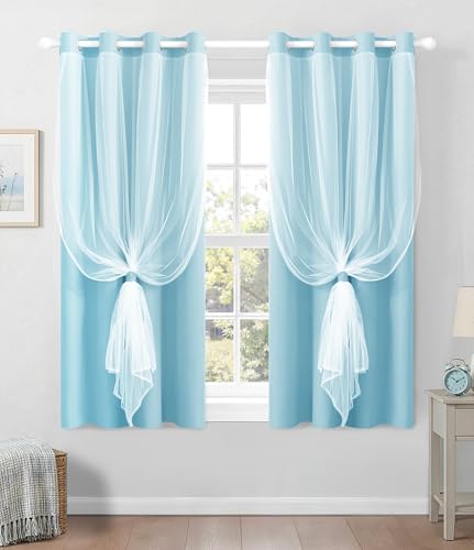 Image of 100% Blackout Curtains with Sheer Overlay, Blue, 52 x 63 inch, 2 Panels | For Bedroom Living Room Window, Room Darkening, Thermal Insulated, Grommet Top, Summer Heat Blocking, Double Layer Design