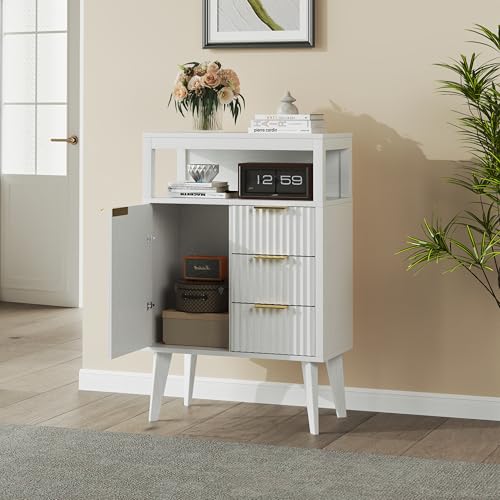 Image of White Bathroom Floor Cabinet with 3 Fluted Drawers & Door, Modern Storage Sideboard with Open Shelf, Coffee Bar Station for Living Room, Entryway, 23.6 x 11.8 x 34.6 Inches