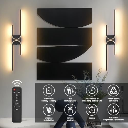 Image of Battery Operated Wall Sconce with Remote Control, USB Rechargeable Wireless Wall Sconce Set of 2, LED Dimmable Wall lamp, 3 Color /Timer /Memory, Black Wall lights for Bedroom Living Room, 31.5 inch