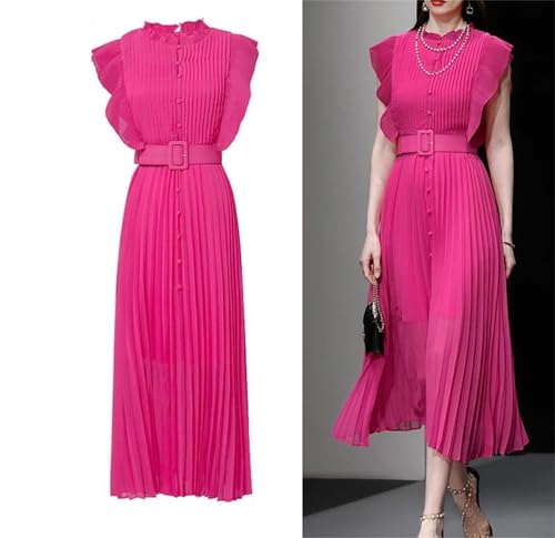 Women's Sleeveless Pleated Fuchsia Midi Dress Retro Office Flowing High Waist Dress2