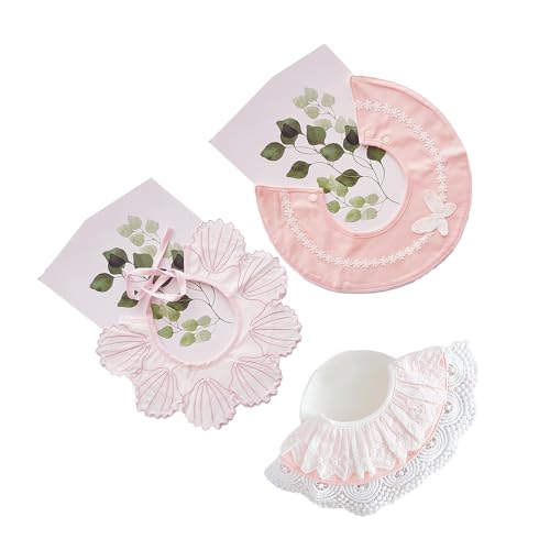 ベビー 赤ちゃん 女の子 オシャレ 360°回転可 円形 防水 スナップボタン式 お洋服 出産祝い リボン チョウネクタイ風 かわいい 刺繍 3枚セット (ピンク)