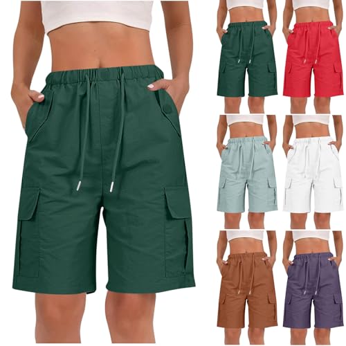 FOCLMP Women Bermuda Cargo Shorts Wide Leg Knee Length Elastic Drawstring Waist Hiking Short Pants Casual Outdoor Work Outfit Shorts for Women Over 60year Old Green 2XL