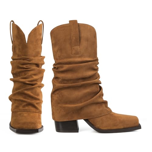 Cowboy Boots for Women Cowgirl Boots Mid Calf Square Toe Fold Over Chunky Heel Slouchy Suede Boots2