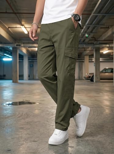 Image of Men's Cargo Trousers-100% Premium Cotton Regular Fit Lightweight Breathable Elastic Waist Multi-Pocket Casual Utility Pants