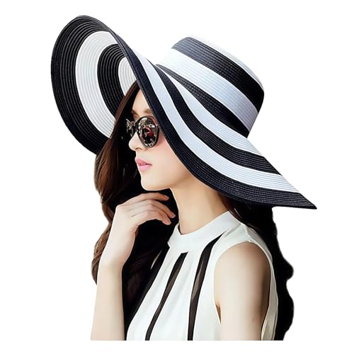 Womens Wide Brim Straw Hat Black and White Striped Floppy