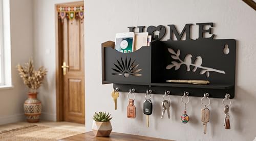 Image of Wall Mount Key Holder & Mail Organizer | Laser-Cut Key Hanger with 7 Metal Hooks, Letter Rack & Pen Stand | Wooden Wall Decor for Entryway, Living Room, Home & Office (Home)