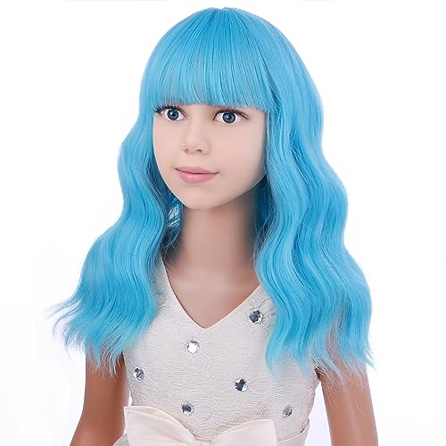 Image of PATTNIUM Blue Wig for Women Short Wavy Wig with Bangs Light Blue Wigs Heat Resistant Synthetic Hair Wigs