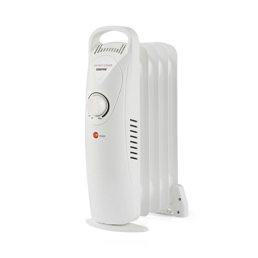 Geepas Oil Filled Radiator Heater 450W, 5 Fin | Mini Portable Electric Heater Adjustable Thermostat Overheat Protection Energy Efficient Heating | 2 Year Warranty White