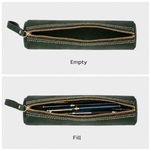 Image of ECHSRT Vintage Leather Pencil Case for Men & Women | Classic Cylinder Pen Holder | Genuine Crazy Horse Leather Pouch | Full-Grain Cowhide Organizer for Work, College, Travel (Green)