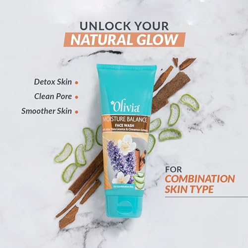 Olivia Moisture Balance Face Wash with Aloe Vera, Licorice & Cinnamon | Gently Cleanses, Hydrates & Helps Reduce Acne | Supports Skin Firmness & Pore Appearance | Maintains Natural Moisture | 100ml