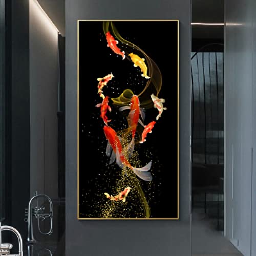 Peinture Koi pour entrée de luxe grand tableau moderne salon impression dorée