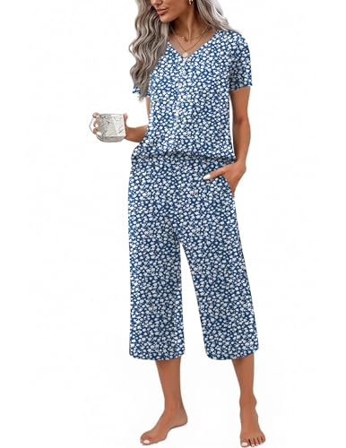 Image of Ekouaer Women's Pajama Sets Short Sleeve Sleepwear Button Up Pj Loungewear Top and Capri Pants with Pockets