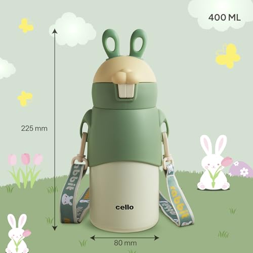 Image of Cello Bunny Kids Stainless Steel Flask 500ml, Green | Double Walled Vacuum Insulated Technology | One Click Push Button to Open | Ideal for School, Sports, Picnics