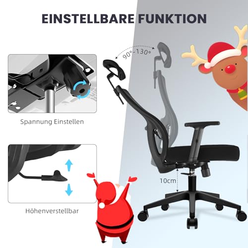 Durrafy Office Chair, Desk Chair with Adjustable Headrest, Lumbar support and Liftable Armrest, High Back Ergonomic Office Chair, Breathable Mesh Backrest for Comfort, Computer Chairs - Image 7