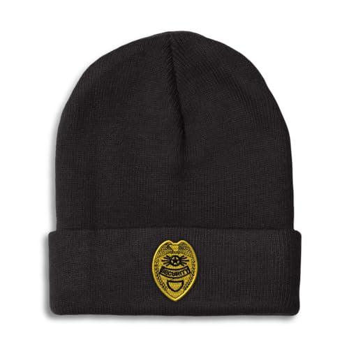 Speedy Pros Beanies for Men Security Badge Gold Logo Embroidery Police Officer Security Winter Hats for Women Acrylic Skull Cap 1 Size Black Design Only