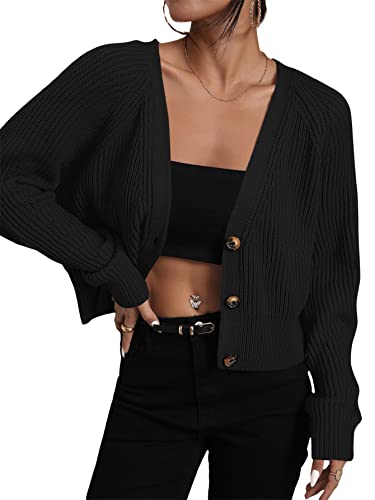 Makemechic Women's Casual V Neck Button Up Long Sleeve Cropped Cardigan Sweater Black L #TOP15