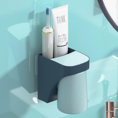 Magnetic Cup Holder for Bathroom, sgzscl Toothbrush Wall Mounted Toothpaste Storage Drain Drill-Free Space Saving Organizer for Family Members