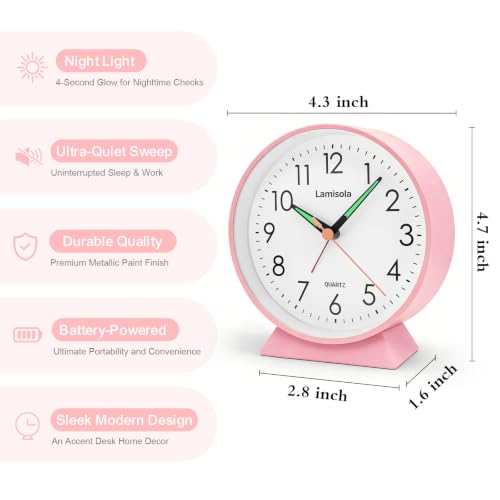 Image of 4.5 Inch Small Pink Analog Alarm Clock, Retro Battery Operated Desk Clock with Night Light Stays On 4 Seconds Vintage Metal Table Clock for Bedside, Nightstand, Bedroom, Office, Bathroom - Pink