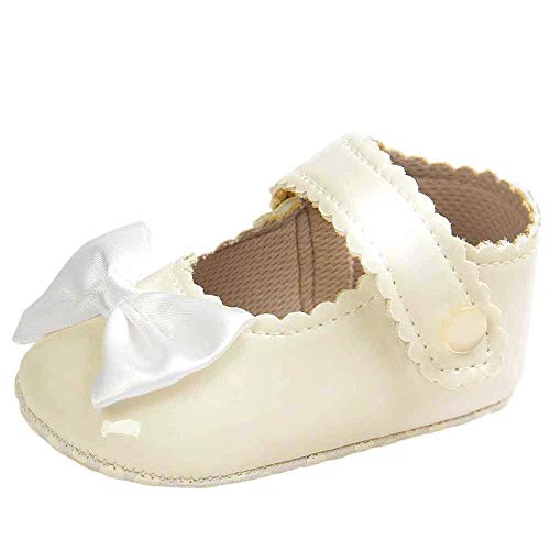 iYBWZH Baby Girls Mary Jane Burnish Soft Sole Pu Leather Toddler Shoes Bowknot Princess Prewalker Christening Baptism Crib Kids Dress First Walker Shoes 0-18 Month(D-White,CN-13/12-18 Month)