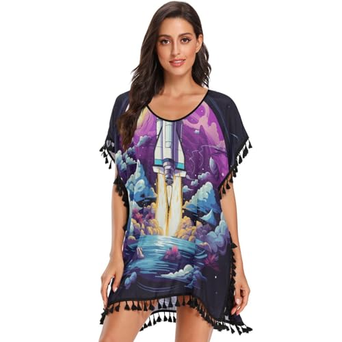 Cartoon Purple Rocket Art Women's Beach Cover Up Chiffon Tassel Swimwear Swimsuit Coverups for Girl
