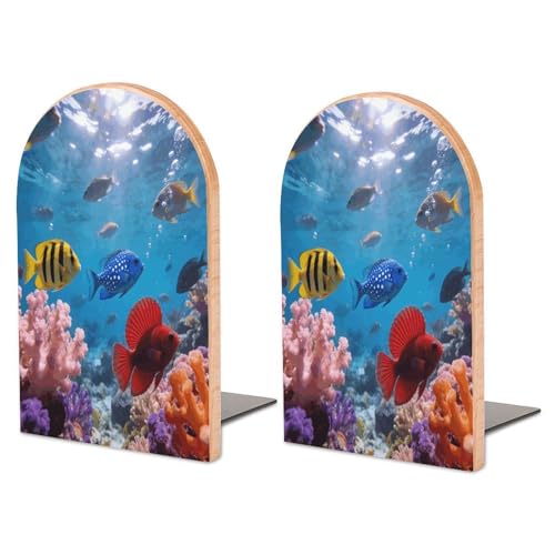 Sujetalibros de madera de océano antideslizantes de metal organizador grande para estanterías 2