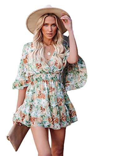 Robe de plage décontractée imprimé floral col en V profond volants EN8 M