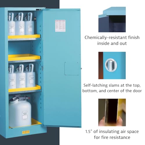 Image of Justrite Acid Corrosive Storage Cabinet - 45 Gallon 2 Door Self Close Chemical Storage Cabinet with Removable Polyethelene Trays - 18 inch x 65 inch x 43 inch - Made in The USA - Light Blue - 894522