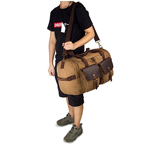 SUVOM Canvas Duffle Bag Leather Weekend Bag Carry On Travel Bag Luggage Oversized Holdalls for Men and Women(Coffee)