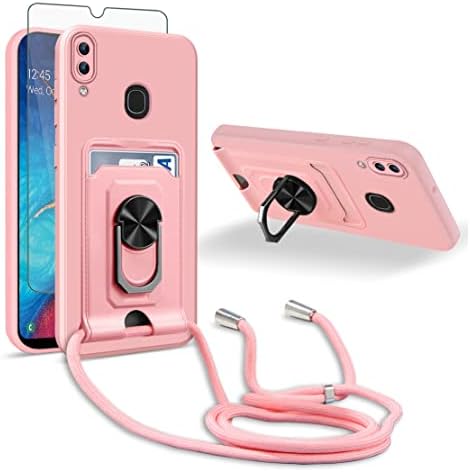 Asuwish Phone Case for Samsung Galaxy A20 A30 with Tempered Glass Screen Protector Cover and Crossbody Strap Lanyard Slim Credit Card Ring Holder Stand Cell M10s A 30 20A SM A205G Women Men Pink