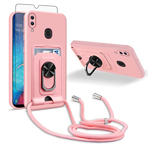 Asuwish Phone Case For Samsung Galaxy A20 A30 With Tempered Glass Screen Protector Cover And Crossbody Strap Lanyard Slim Credit Card Ring Holder Stand Cell M10S A 30 20A Sm A205G Women Men Pink #TOP28