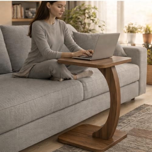 Image of Modern C-Shaped Side Table for Sofa & Bed - Multi-Purpose Laptop Table, Snack Holder, Book & Plant Stand - Compact & Sturdy Bedside Table (Natural)