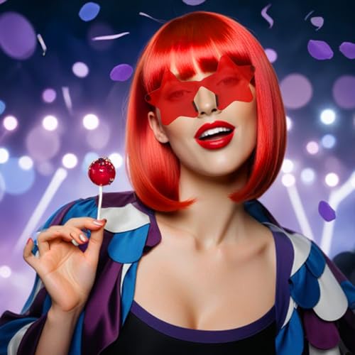 anogol hair cap  sunglasses red bob wig with bangs womens red party wigs with star shape sunglasses short neon wig daily party outfit fun wigs women halloween costume night club bachelorette hair