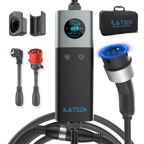 iLa Tech Mobile Wallbox 22kW Trifásico, EV Cargador 32A con 5 Metros Cable Tipo 2, Corriente Ajustable, LCD Display, IP66, Includos Soporte y Bolsa con Adaptador CEE32 Rojo+EU Schuko