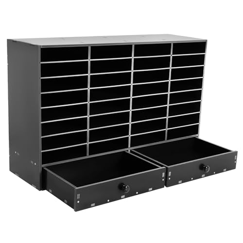 GSHIOIO 32 Compartments Literature Organizer with 2 Drawers Adjustable Shelves Mail Sorter Organizer Desktop Literature Sorter Home & Office Classroom Mailbox Mailrooms Organization (Black)