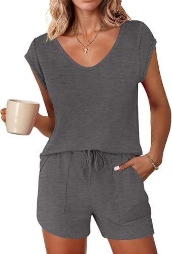 Image of Ekouaer Womens Pajama Sets 2 Piece Lounge Sets Comfy Short Sleeve Tops and Shorts Cute Pjs Outfits Set S-XXL