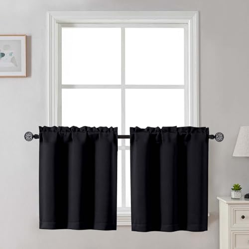 Gwine 24 Inch Long Tier Curtains for Small Window Short Blackout Kitchen Curtains Over Sink Half Window Drapes for Bedroom Bathroom Basement 2 PCS Each 30 Wx24 L Black