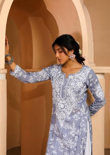 Image of GoSriKi Cotton Blend Embroidered Straight Kurta for Women | Cotton Blend Pink | 3 /4 Sleeve | Round Neck V-Slit | Ethnic Wear Casual Wear