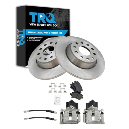 Image of TRQ Rear Brake Pad and Rotor Set Semi Metallic Rotors Calipers Hoses | For 2009-2016 Volkswagen CC 2009-2010 Passat
