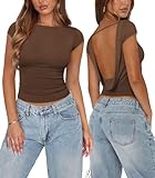 Pungdra Womens Open Back Tops for Women Trendy Backless Shirt Short Sleeve Slim Fit Going Out Top Y2k Basic Clothes Brown Small