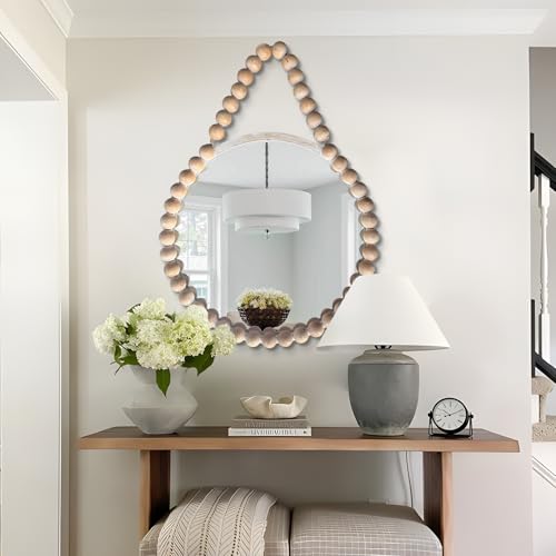 POZINO Wood Beaded Round Mirror, 24" Farmhouse Hanging Rustic Mirror with Rope, Spherical Frame Circle Wall Mirror for Bathroom Bedroom Living Room Hallway Entryway Fireplace