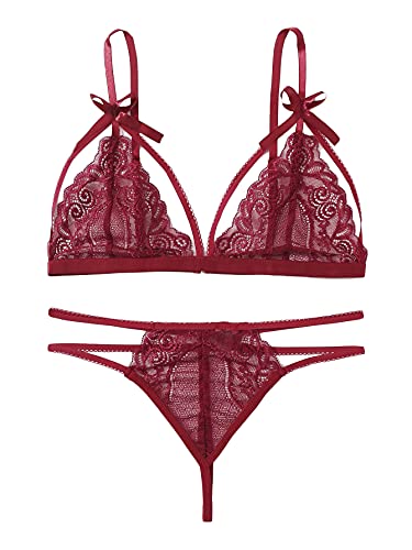 WDIRARA Women's Floral Lace Mesh Bow Bra and Strappy Panty Lingerie Set Red L