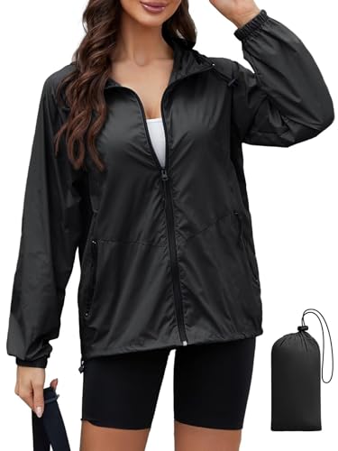 PITINAN Ladies Rain Jacket Waterproof Light Raincoat Women Windbreaker Jacket With Hood Lightweight Waterproof Rain Shell For Outdoor Hiking Black M