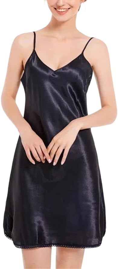 Womens Satin Chemise Nightdress Deep V Neck Spaghetti Strap Slip Dress Soft Sleepwear Lounge Gown