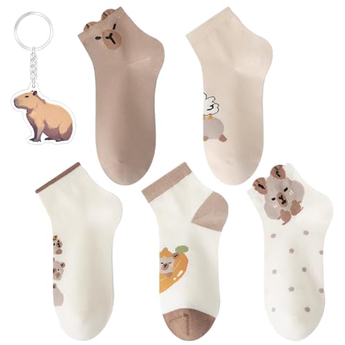 Angelteers 5 Pairs Cute Cartoon Animals Print Cotton Ankle Socks for Women Teens (US Alpha One Size Regular Regular Capybara Animal)