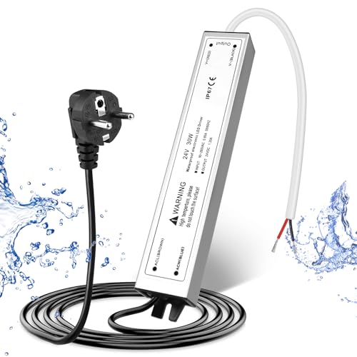 LED Trafo 24V 30W IP67, Outdoor Wasserdicht Transformator mit Stecker, Netzteil Treiber 230V auf DC 24 Volt Adapter, LED Driver Außen für LED-Streifen Lampen Strahler Lichtbänder