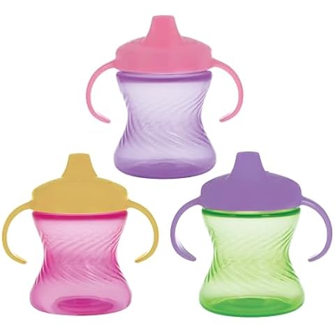 Nuby 2-Handle No-Spill Hard Spout Sippy Cup with Easy Grip - (3-Pack) 7 oz - Baby Sippy Cup with Controlled Sipping for 6+ Months - Pink/Purple/Green